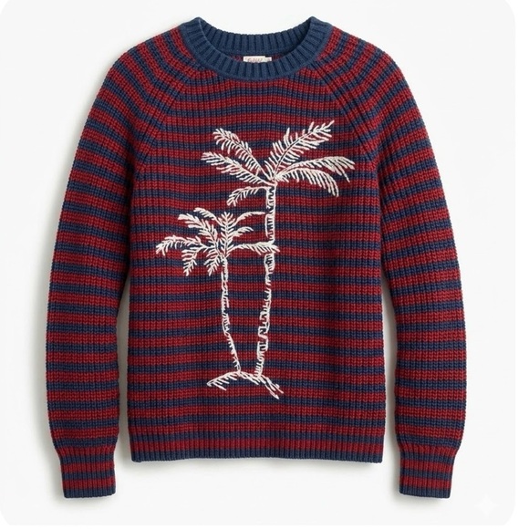 Faherty Sweaters - Faherty Palm Tree Sweater Medium Striped Cotton Knit Burgundy Navy Blue ASO
